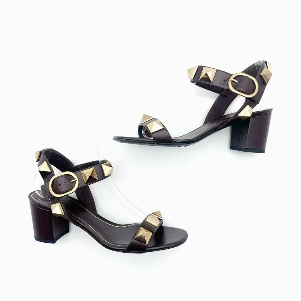 VALENTINO Brown Rockstud Heels Size 37 Sandal Leather Block Heel Ankle Strap